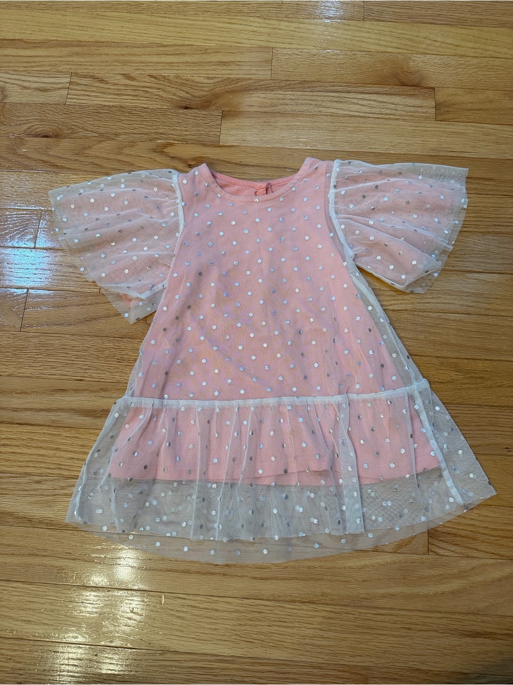 H&M Coral Pink Glitter Polka Dot Mesh Sleeve Dress